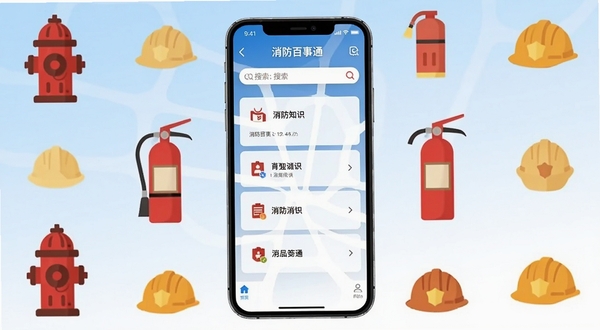 消防百事通应用主界面整体展示,画面中央为手机屏幕正视图,屏幕内呈现消防知识分类导航与搜索框,背景区域为浅蓝色渐变到白色的柔和过渡,周围点缀消防栓、灭火器、安全帽等扁平化图标元素,整体风格简洁专业,适合移动应用展示场景