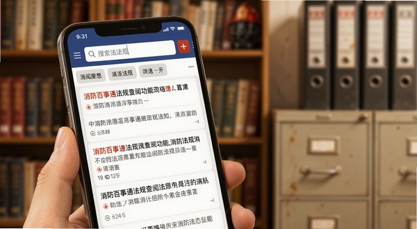 消防百事通法规查阅功能界面特写,画面主体为手机屏幕中显示消防法规条文列表,屏幕上方有搜索输入框与筛选标签,背景为模糊的书架与文件柜场景,色调偏暖,突出知识查阅的严谨感与便捷性