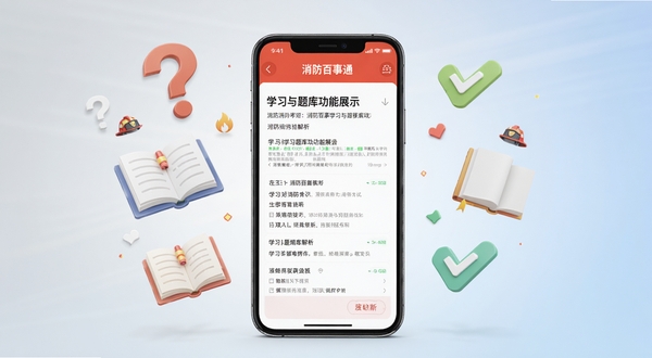 消防百事通学习与题库功能展示,画面中央为手机屏幕显示消防考试题目与解析界面,屏幕周围漂浮着问号、书本、对勾等抽象符号,背景为淡灰色到浅蓝色的柔和渐变,整体传达学习与巩固知识的氛围