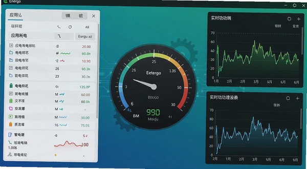 Energo软件主界面全貌展示,画面中央为深色主题的电池能耗仪表盘,周围环绕应用耗电排行列表与实时功耗曲线图,背景为科技感蓝绿色渐变,适配Boogu模型生成,细节清晰,UI风格现代简洁