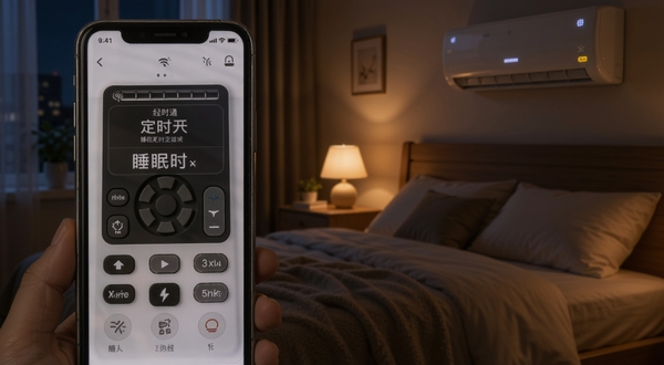 空调遥控器万能全通定时设置界面,手机屏幕显示定时开关面板,背景为夜晚卧室场景,空调指示灯微亮,突出睡眠定时功能的温馨感