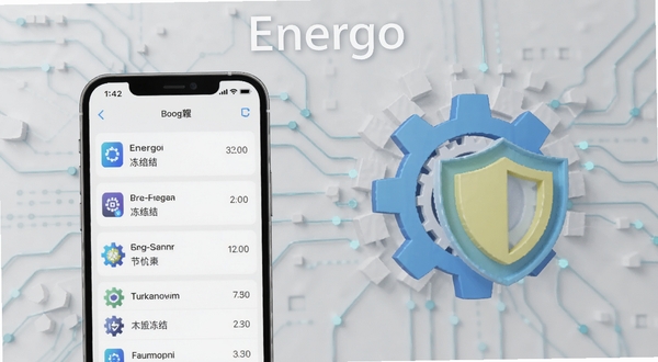 Energo智能后台管控功能示意图,画面左侧为手机屏幕显示应用冻结列表,右侧为抽象的齿轮与盾牌组合图标象征保护与节能,背景为浅灰色科技纹理,Energo字样位于顶部,适配Boogu模型生成