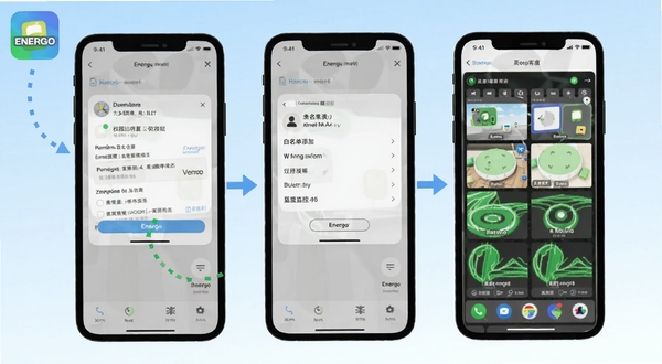 Energo使用教程步骤图,画面为手机屏幕分三格展示权限设置、白名单添加与主界面监控状态,背景为浅蓝色渐变,带有箭头引导线,Energo图标位于角落,适配Boogu模型生成