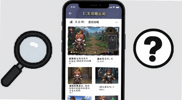 能不能通关游戏攻略页面展示,画面主体为手机屏幕显示角色扮演游戏的通关攻略图文内容,背景为浅灰色极简风格,屏幕旁配有放大镜与问号图标,突出查找攻略的便捷性
