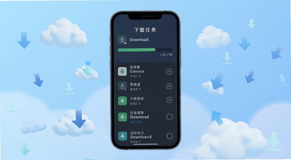 能不能通关下载管理界面,画面为手机屏幕展示下载进度条与已完成任务列表,背景为淡蓝色渐变,屏幕周围环绕云朵与下载箭头图标,营造轻松高效的下载氛围