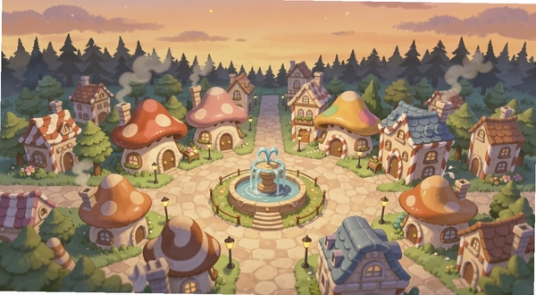 一座色彩柔和的童话风格小镇全景,画面中央是迷你童话小镇的圆形广场与喷泉,四周分布着蘑菇造型小屋和糖果色屋顶建筑,背景区域为黄昏天空与远处森林剪影,整体采用暖色调手绘插画风格,细节丰富,适合作为游戏主界面预览图