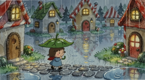 迷你童话小镇雨天场景,画面主体为撑着叶子雨伞的童话居民走过石板路,背景区域是亮着暖黄色灯光的糖果色小屋和积水倒影,整体色调偏蓝灰但灯光温暖,手绘水彩质感