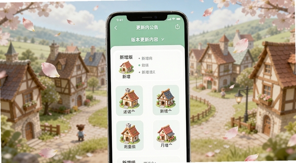 迷你童话小镇版本更新内容展示图,画面主体为手机屏幕上显示更新日志列表和新增建筑图标,背景区域是模糊的小镇全景和飘落的花瓣,整体风格清新简洁,适合作为更新公告配图