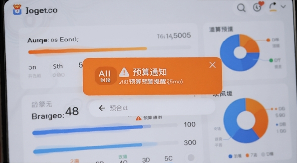 AI财历预算预警提醒功能展示,手机弹出预算超支通知,背景为带有进度条和饼图的预算管理面板,色彩以橙色预警和蓝色数据为主