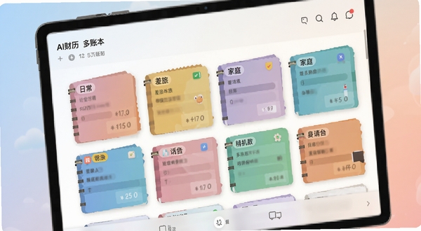 AI财历多账本管理界面,屏幕中显示多个彩色账本卡片并列,分别标注日常、差旅、家庭等标签,背景为柔和渐变色调