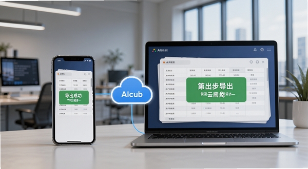 AI财历数据导出与云同步示意图,手机与笔记本电脑之间通过云朵图标连接,屏幕显示表格导出成功提示,背景为现代办公环境