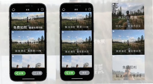 水印相机免费拍照水印 批量处理功能展示 手机屏幕显示多张照片缩略图 每张照片均已添加不同水印 底部有分享按钮和保存按钮 界面简洁直观