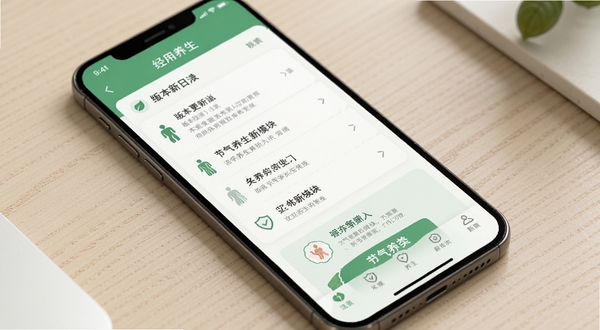 经络养生应用更新界面截图,展示版本更新日志列表和节气养生新模块入口,界面风格清爽,以绿色和白色为主色调,手机屏幕显示在浅色背景桌面上,整体呈现出现代中医养生应用的视觉风格