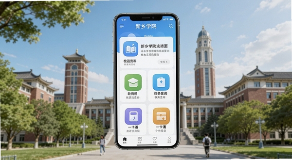 新乡学院官方APP主界面全貌展示,画面中央为手机屏幕显示应用首页,包含校园资讯、教务查询、一卡通等图标模块,背景为大学校园标志性建筑与绿树蓝天,整体色调清新明亮,适配Boogu模型生成