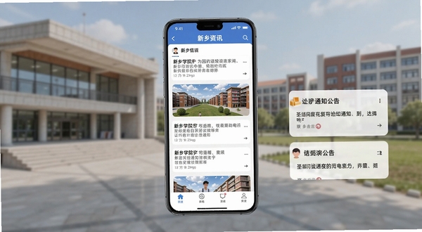 新乡学院APP校园资讯页面展示,手机屏幕中显示新闻列表和通知公告卡片,背景为图书馆和教学楼,画面风格简约现代,突出信息阅读场景