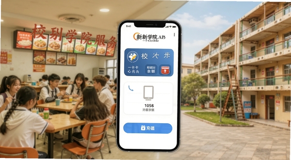 新乡学院APP一卡通服务界面,手机屏幕显示校园卡余额和充值按钮,背景为食堂和宿舍楼场景,画面温馨生活化
