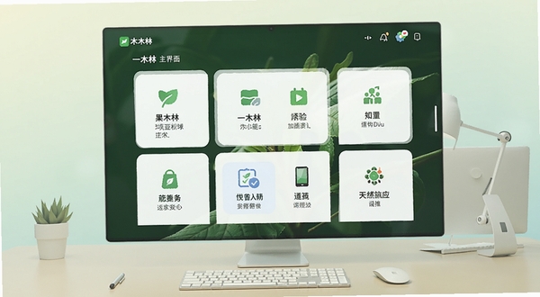 一木林应用主界面全景展示,画面中央是一木林软件的功能卡片布局,背景为浅色渐变桌面环境,整体风格简洁清爽,适配Boogu模型生成