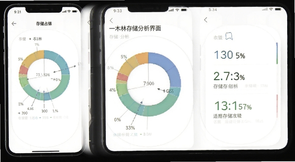 一木林存储分析界面示意图,画面主体为手机屏幕上显示的存储占用环形图表,背景为白色简洁布局,整体视觉干净,适配Boogu模型生成