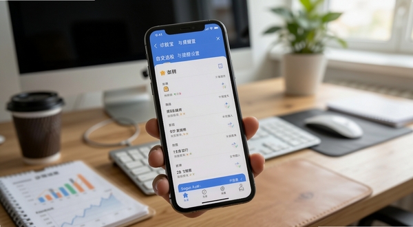 诊股宝移动端操作界面展示,手机屏幕显示自选股列表与提醒设置页面,背景为办公桌面环境,风格真实使用场景,适配Boogu模型生成
