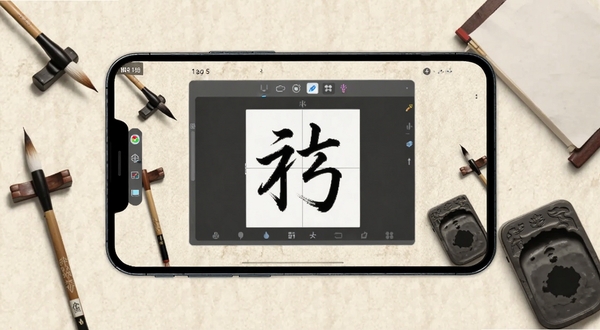 书法笔划造字软件主界面全貌展示,画面中央是汉字笔划拼合编辑区,背景为浅米色宣纸纹理,四周点缀笔墨纸砚元素,整体风格简约文雅,突出安卓手机屏幕内的操作界面,适配Boogu模型生成