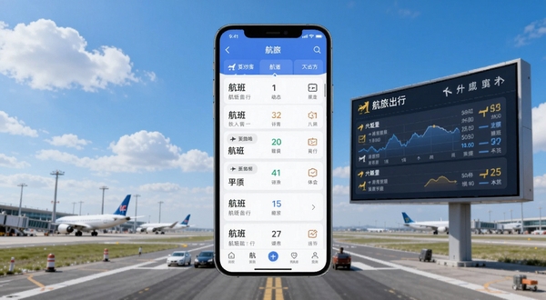 航旅出行软件主界面全貌展示,画面中央为手机屏幕呈现航班动态列表与机场大屏信息,背景为蓝天白云与机场跑道,整体风格清爽明亮,突出航旅出行核心功能,适配Boogu模型生成