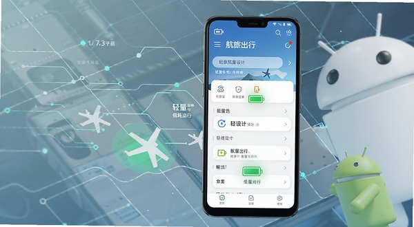 航旅出行轻量设计与低耗运行概念图,画面中手机显示软件界面与电池图标,背景为简约的科技线条与安卓机器人元素,突出轻量流畅