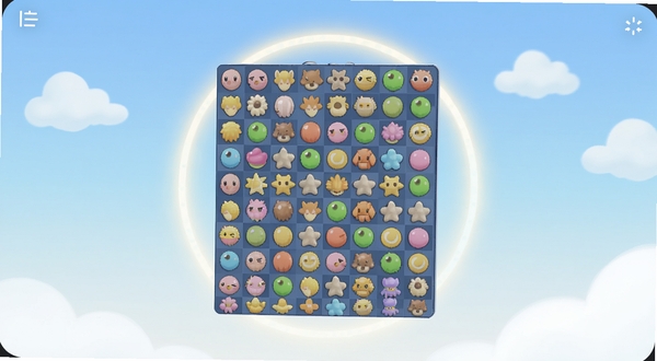 悠闲点点乐应用主界面全景展示,画面中央为色彩明快的点消棋盘,四周环绕柔和光晕,背景是淡蓝色渐变天空与漂浮的云朵,整体风格清新休闲,适配Boogu模型生成