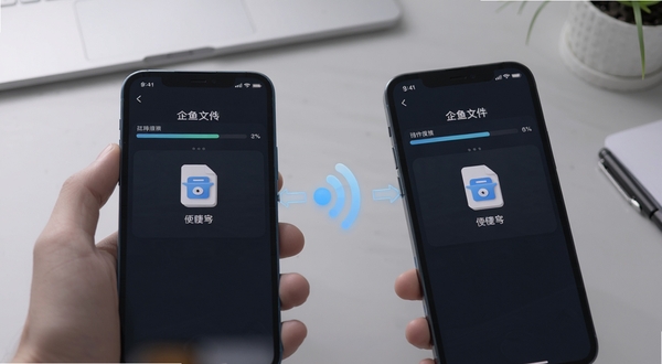 企鱼文件互传功能界面截图,画面展示两部手机通过无线连接传输文件的过程,屏幕上有进度条和文件图标,背景为浅灰色工作台环境,光线柔和,突出科技感与便捷性