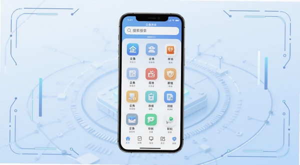 企鱼应用主界面全貌展示,画面中央为手机屏幕正视图,屏幕内呈现企鱼应用的功能图标网格与顶部搜索栏,背景采用淡蓝色渐变科技感底纹,四周环绕简约线条装饰元素,整体风格清爽现代,突出工具类软件的实用气质