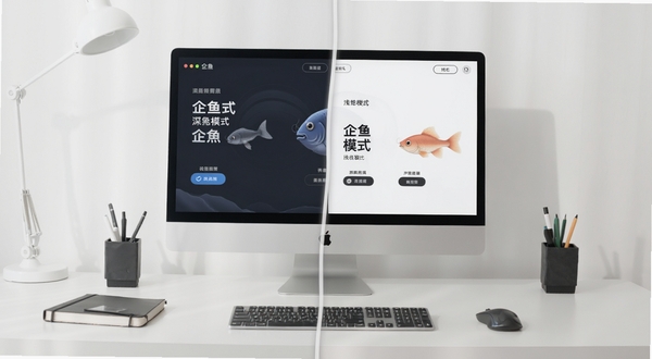 企鱼深色模式与浅色模式对比展示图,画面左侧为深色主题界面,右侧为浅色主题界面,中间用柔和分割线隔开,背景为极简桌面环境,突出个性化设置带来的视觉差异