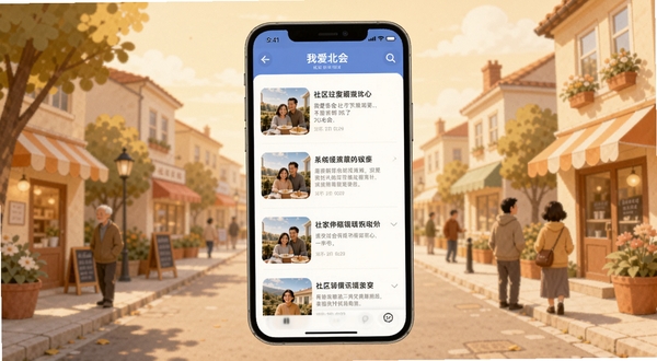 我爱北会 社区资讯浏览界面示意图,画面主体为手机屏幕内显示资讯列表,每条资讯配有缩略图与标题,背景为温馨的社区街景插画,色调温暖柔和,细节清晰,适配Boogu模型生成