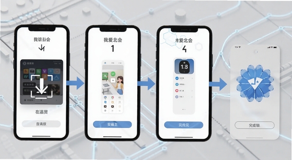 我爱北会 安装步骤示意图,画面展示手机屏幕从下载到安装完成的四个步骤,配有箭头引导,背景为浅灰色科技纹理,整体风格清晰直观,适配Boogu模型生成
