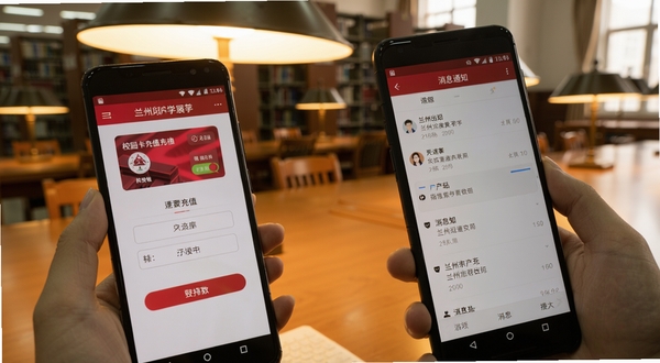 兰州大学移动端应用在安卓手机上的操作界面实拍,展示校园卡充值页面与消息通知列表,背景为图书馆书桌场景,暖色调柔和光线,突出便捷操作体验