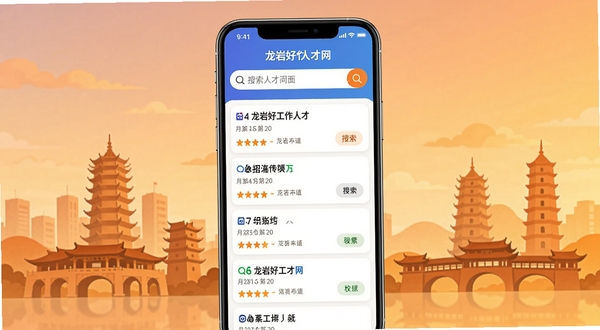 龙岩好工作人才网求职招聘应用主界面展示,画面中央为手机屏幕内呈现的职位列表与搜索框,背景为龙岩城市地标建筑剪影与暖色调渐变,整体风格简洁明快,突出本地化人才服务主题,高清细节,扁平化设计