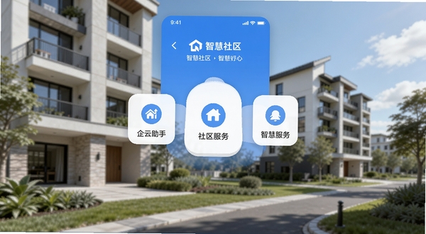 企云助手 智慧社区 手机应用界面 主色调蓝白 中央悬浮社区服务图标 背景为现代住宅小区 扁平化设计风格 高清细节
