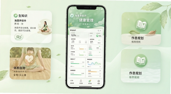 海慧养软件主界面全貌展示,画面中央位置呈现软件首页健康管理仪表盘,背景为浅绿色渐变柔和色调,周围环绕养生知识卡片、体质自测入口、作息规划图标等元素,整体风格清新自然,适配手机端竖屏展示,高清UI界面渲染