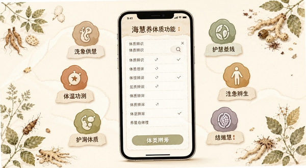 海慧养体质自测功能界面,画面主体为手机屏幕中显示体质辨识问卷,屏幕周围漂浮着九种体质类型的图标标签,背景为温暖米白色调,点缀淡雅的中草药植物插画元素,整体风格温和亲切