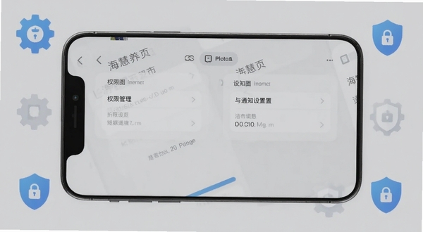 海慧养设置页面截图,画面展示手机屏幕中权限管理与通知设置界面,背景为浅灰色极简风格,周围点缀齿轮与盾牌图标元素,突出安全与可控感
