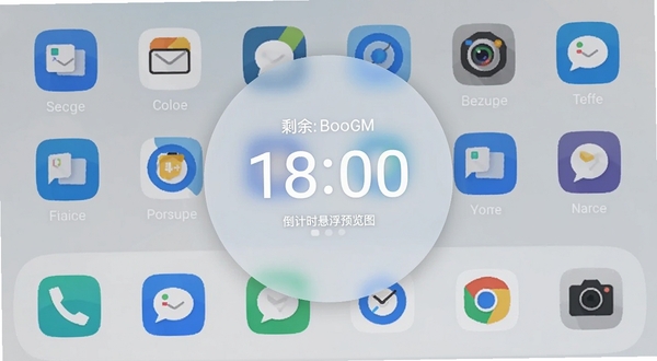 倒计时悬浮软件主界面展示,屏幕中央有一个半透明圆形悬浮倒计时窗口,显示剩余时间数字,背景是手机桌面与常用应用图标,整体风格简洁现代,色彩以蓝白为主调,适配Boogu模型生成,alt=