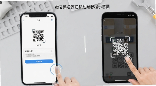微二维码极速扫移动端使用教程示意图,手机屏幕显示权限设置页面和扫码界面,旁边有手指点击操作的示意,背景为浅灰色工作台,风格简洁明了