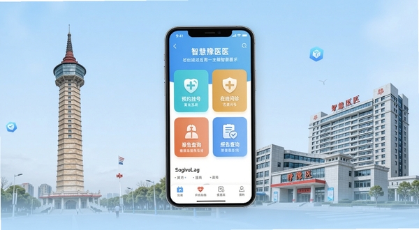 智慧豫医应用主界面全貌展示,画面中央为手机屏幕悬浮展示APP首页,包含预约挂号、在线问诊、报告查询等图标模块,背景为郑州二七塔与现代化医院建筑融合的淡蓝色渐变场景,整体风格清新专业,适配Boogu模型生成