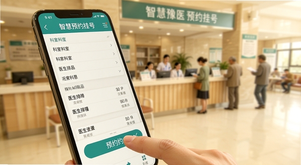 智慧豫医预约挂号功能界面特写,手机屏幕显示科室列表与医生排班表,手指点击预约按钮,背景为医院门诊大厅虚化场景,色调温暖明亮,突出便捷操作感