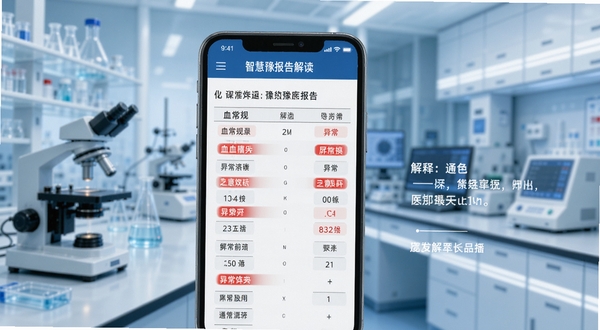 智慧豫医报告解读界面,手机屏幕显示血常规报告单,异常指标用红色高亮标注,旁边有通俗解释文字,背景为实验室环境,色调冷静专业