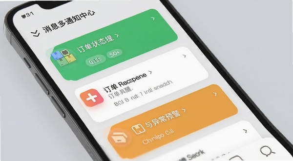 货拉多货主端消息通知中心界面,手机屏幕显示多条订单状态提醒与异常预警卡片,图标色彩区分明显,背景为柔和浅灰色调,突出信息层级与易读性
