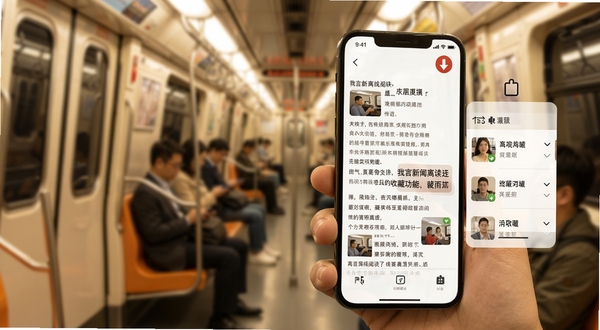 我言新闻离线阅读与收藏功能示意图,画面展示一部手机在无网络环境下打开新闻文章,屏幕右上角显示离线标识,旁边有收藏夹图标和已下载文章列表,背景为地铁车厢虚化场景,色调温暖柔和,突出实用与便捷