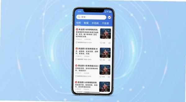 我言新闻手机客户端首页界面展示,画面中央为竖屏手机模型,屏幕内呈现新闻资讯瀑布流布局,顶部有搜索栏和频道标签,背景为淡蓝色渐变科技感光晕,整体风格简洁明快,突出本地新闻APP的现代感与可读性