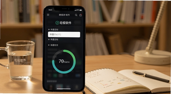 哈极软件内目标设定页面,手机屏幕显示体重目标输入框与进度圆环,背景为暖色调书房环境,桌面摆放水杯与笔记本,体现健康生活场景