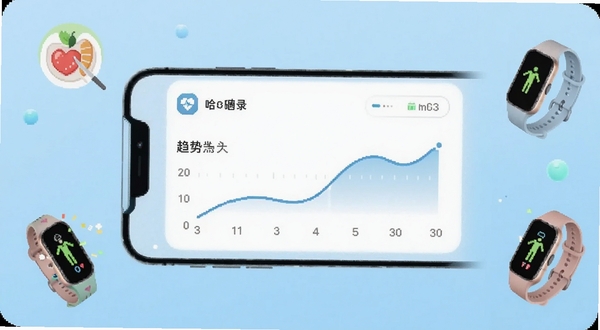哈极app主界面在手机屏幕上展示,画面中央为简洁的体重记录面板与趋势曲线,背景为淡蓝色渐变,周围环绕健康饮食图标与运动手环元素,整体风格清新现代,适配Boogu模型生成