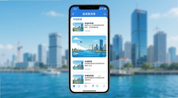 智慧滨海 新闻资讯浏览界面 手机屏幕展示本地新闻列表 滨海城市风光插图 简洁现代风格 蓝色主色调 背景为模糊城市建筑