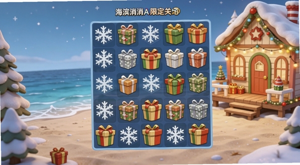 海滨消消乐节日限定关卡场景,展示圣诞主题的海滨消除画面,棋盘上有雪花和礼物盒元素,背景是装饰一新的海滩小屋,温馨节日氛围,适合Boogu模型生成